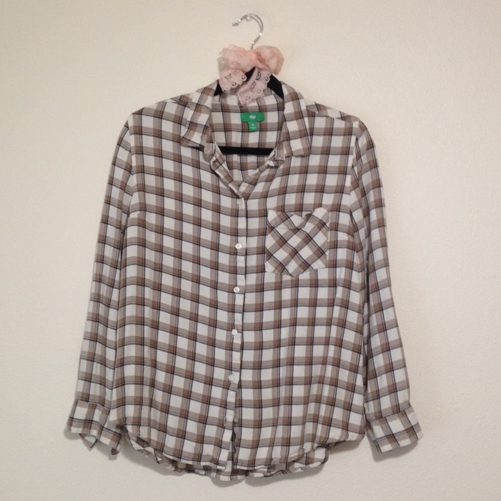 dip Neutral Tan Brown and Cream Plaid Collared Button Up Shirt